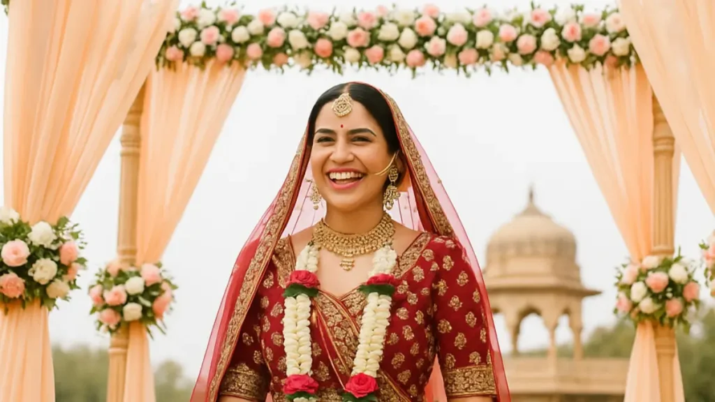 Bride enjoying her wedding stress-free in a royal Jaipur venue, smiling under a floral mandap