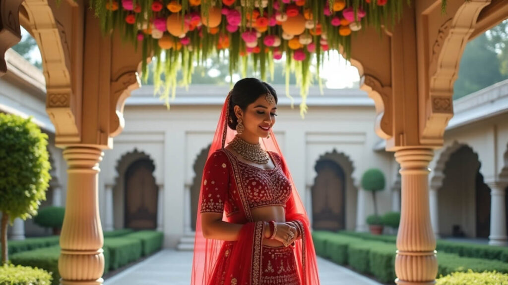bride under floral mandap inspired by Rajasthani courtyard